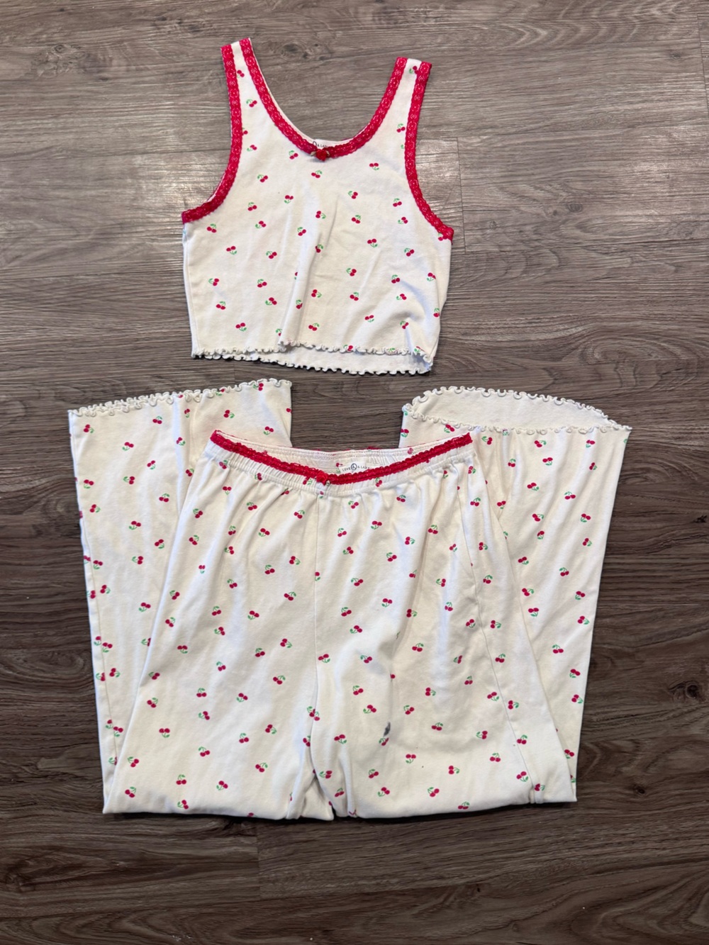 White Cherry-Print Pajama Set with Red Trim - Women's Sleepwear